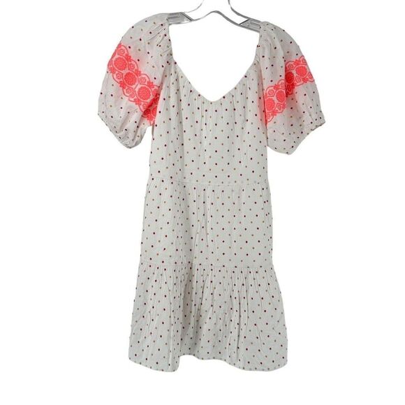 LOFT Puff Sleeve Dot Embroidered Tiered Swing Dress Size XS White Pink Boho Prep - Picture 5 of 8